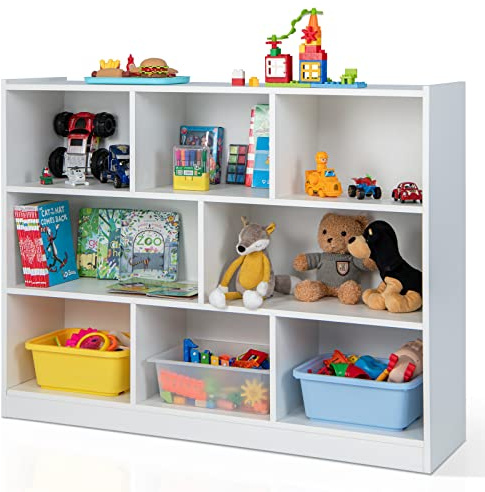 GYMAX 8 Cube Kids Bookcase, 3-Tier Children Storage Shelf Unit, Wooden Toddler Bookshelf Toy Storage Organizer for Kids Room, Playroom and Nursery (White), 122 x 32 x 93cm, GY10403WH