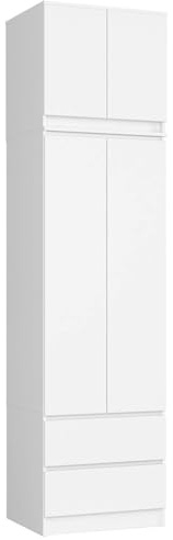 AKORD Kleiderschrank S60 mit Erweiterung 60 cm | mit 2 Türen und 2 Schubladen | Kleiderschrank mit Auszug | Geräumiger Innenraum | B60 x H234 x T51 cm | Gewicht 78,05 kg | Weiß/Weiß