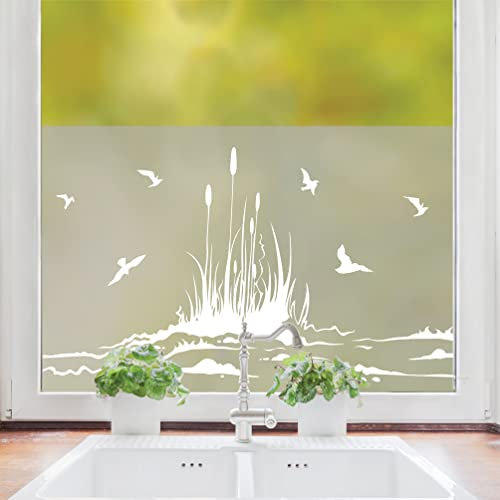 Sichtschutzfolie Vögel mit Schilf am Ufer, maritime Fensterfolie, Fensterdeko Milchglasfolie, 55 cm hoch, 75 cm breit