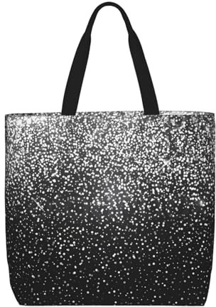 DEHIWI Glänzende silberne Glitzer-Einkaufstasche für Frauen, wasserdicht, lässig, mit Reißverschluss, Einkaufen Handtaschen für Büro, Einkaufen, Reisen, Schwarz , Einheitsgröße