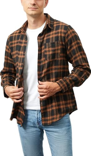 Yukiuiny Camicia Flanella a Quadri 100% Cotone per Uomo Maniche Lunghe - Blusa Casual con Chiusura a Bottoni(Arancione-Marrone-Nero),M