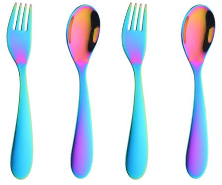 BISDARUN Toddler Cutlery Sets Stainless Steel Childrens Cutlery Set for Baby Metal Kids' Silverware 4 PCS 14.8CM/5.8 Inch Kid Spoons x 2, Child Forks x 2 (Rainbow)