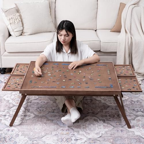 TEAKMAMA 1 500 bitars pusselbräda i trä med 4 lådor, vikbart pusselbord med skyddande fodral, pusselbräda med ben, multifunktionell pusselbräda för vuxna, 34 B x 26,3D, chokladbrun