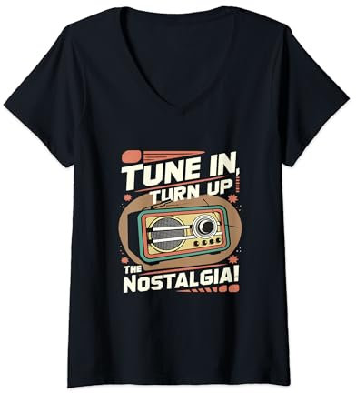 Damen Tune In, Turn Up the Nostalgia with Vintage Radio T-Shirt mit V-Ausschnitt