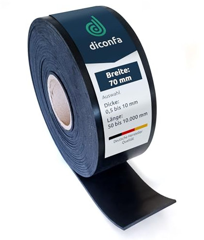 diconfa Gummistreifen BREITE 70mm (7cm) - WÄHLBAR - Dicke: 1 bis 10mm - LÄNGE: 0,05 bis 10m - Auswahl: 7000mm (700cm) lang, 8mm stark - Gummimatte Meterware schmal Gummiunterlage Gummiplatte