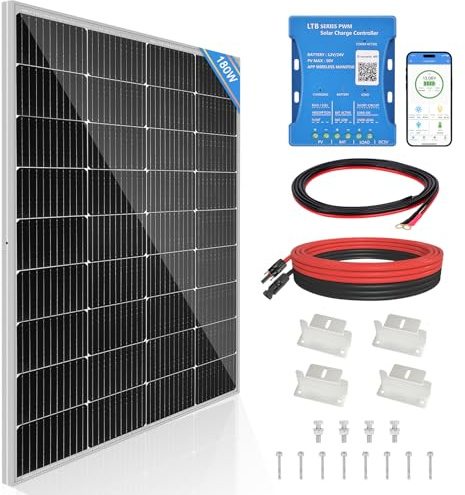 DERUXI Panneau Solaire Monocristallin 180W 12V Régulateur Bluetooth 20A Câble 5m Z-Brackets Camping-cars Bateaux