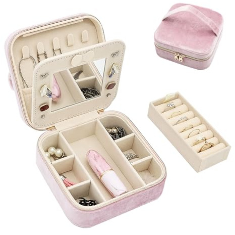 Boxudeli Schmuckkästchen Reise, Schmuckkasten aus Samt mit Spiegel, kleine Schmuckaufbewahrungsboxen für Frauen, Schmuckschatulle für Ringe, Ohrringe, Halsketten und Armbänder (Rosa)