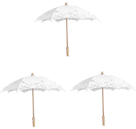 SOIMISS 3stücke Hochwertige Braut-lace-regenschirm Mit Holzgriff Elegante Hochzeitsfotografie Requisite Dekorative Weiße Parasol Für Besondere Anlässe Lang
