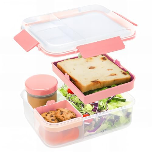 Bugucat Bento Box 1600ML,Lunchbox Salad Lunch Container to Go with Compartment Tray,Bento Lunch Box Salad Bowl with Dressing Container,Meal Prep to Go Containers for Food Fruit Snack Sandwich,Pink