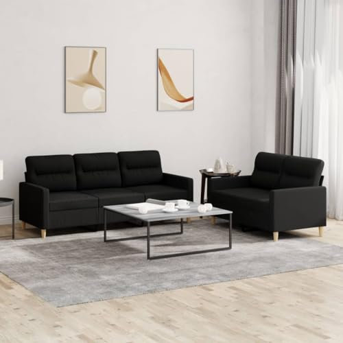 CINDERFUL 2-TLG. Sofagarnitur mit Kissen Schwarz Stoff,Hohe Qualität Wohnlandschaft mit 2er und 3er Sofa in Schwarz aus Stoff, bequem und robust Möbel, Wohnzimmer
