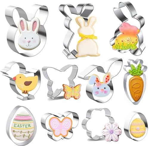 FINEVERNEK Emporte-Pièces de Pâques, Lot de 11 Pièces en Acier Inoxydable, Lapin, Oeuf, Poussin, Carotte, Fleur, Papillon, pour les Biscuits de Pâques