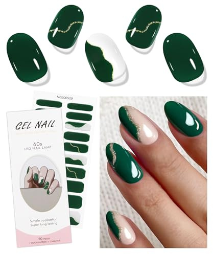JMEOWIO Gel Nail Stickers Green Transparent French Tip Semi Cured Gel Nail Strips Wraps UV/LED Nails Art Design Decoration Accessories