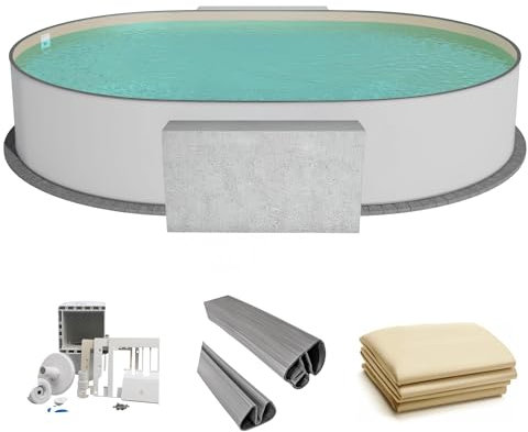 Fresh-Pool Profi Stahlwandpool Set oval, 600x320x150 cm, Stahl 0,8 mm weiß, Folie 0,8 mm Sand, Einhängebiese