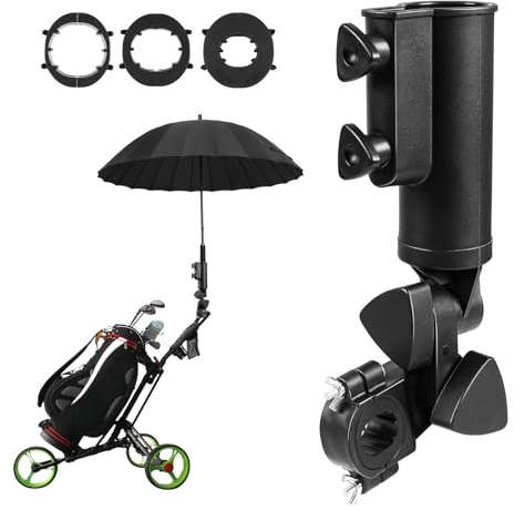 Golf Push Cart Umbrella Holder - Heavy-Duty Umbrella Stand with Double Knob, 180 Degrees Adjustable, Universal Strong Windproof Umbrella Holder for Mobility Scooter/Stroller/Wheelchair/Beach Chair
