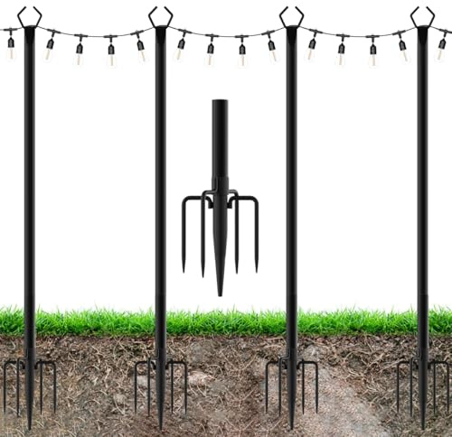 Paquete de 4 postes de luces para exteriores, 9.7 pies, soporte de poste de luz para exteriores con tenedor, postes de metal resistentes para cadena al aire libre, postes de luz resistentes a la