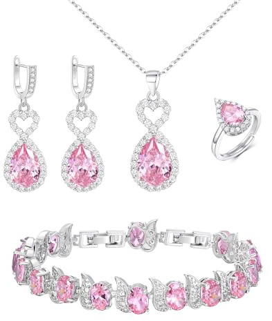 EVER FAITH 4 Stk Schmuck-Set für Damen Teardrop CZ Herz Halskette Ohrringe Armband Ring Schmuck Weihnachten Geburtstag Geschenk für Damen Mama Freund Liebhaber