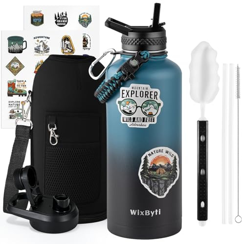 WixByti 87 oz Insulated Water Bottle with Straw, Stainless Steel Water Jug | (Cold 48 Hrs), Triple Wall Vacuum, Leak-proof & Non-BPA, Large Sports Water Bottle with Straw Spout Lids & Paracord Handle