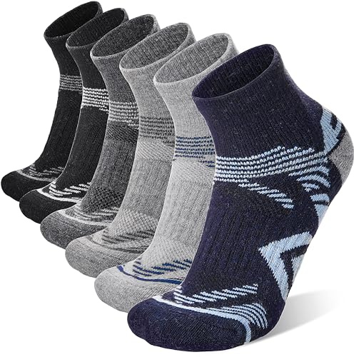 ANTSANG 6 Pairs Merino Wool Quarter Ankle Hiking Running Socks Compression Thermal Thick Cushion Socks for Women Men(Gray-Blue Series,L)