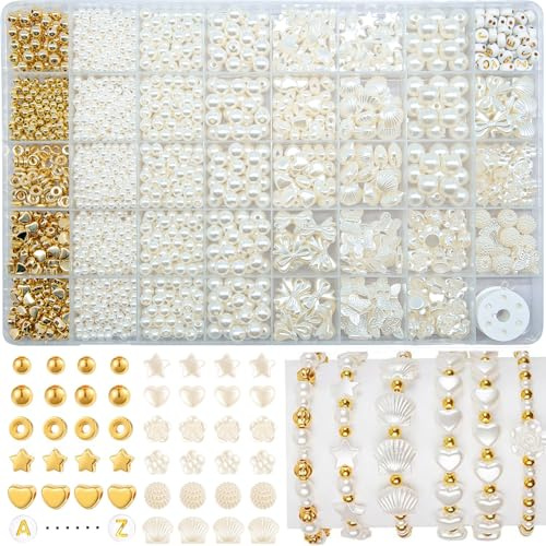 Weiße Perlen Set, 1860 Stück Perlen zum Auffädeln, DIY Perlen Set Schmuck für Armbänder Erwachsene, Perlen Weiß für Schmuckherstellung, Charm Kit für Weihnachten, Partys, Ostern, Feiertage