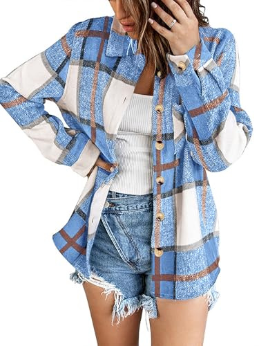Zeagoo Chemisier à carreaux à manches longues et boutonnière en flanelle pour femme