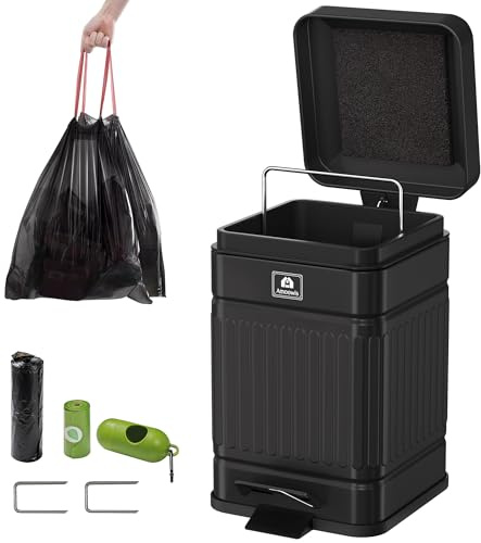 Amoowis Small Trash Can with Lid, 1.3Gal Stainless Steel Dog Poop Trash Can Outside, Waterproof & Odor Control, 5L Cat Litter Trash Can, Dog Waste Station with Foot Pedal, Garbage Can for Backyard