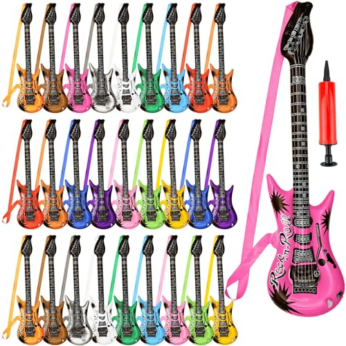 28 Pack 37.4 inch Inflatable Guitar with Strap Blow Up Guitars Rock Star Toys with 1 Red Air Pump for Kids Birthday Rock and Roll Party Photo Booth Props
