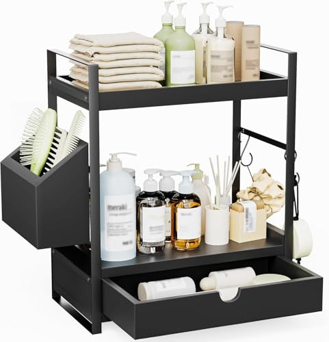 Kottwca 2-Ebenen Badezimmer Organizer mit Schubladen, Körben und 2 Haken, Arbeitsplatten-Organizer aus Holz mit Metallgestell, Multifunktionales Gewürzregal, Badregal für Bad, Küche, Büro, Schwarz