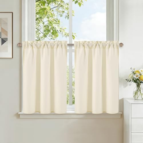 DWCN Scheibengardinen Modern Champagner Küchengardinen H45xB90cm 2er Set Kurz Vorhänge Bistrogardine Leinen Fenstervorhänge Landhausstil mit Stangendurchzug für Wohnzimmer Badezimmer Schrankvorhang