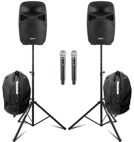 Vonyx VPS082A 8-Inch Active Bluetooth PA Speaker System with Stands, Carry Bags and Dual Wireless UHF Microphones - DJ & Karaoke Speaker Set