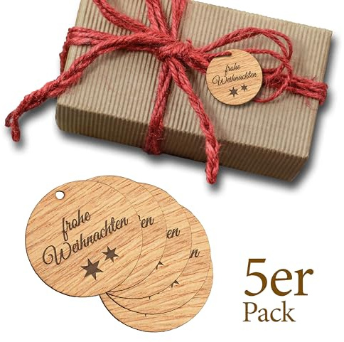 5 Stk Echtholz-Geschenkanhänger aus Holz mit Gravur - edle Tags aus Holz RUNDE FORM für Geschenke ZU WEIHNACHTEN - Anhänger Etiketten