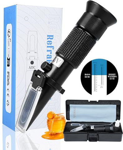LUNEKUCK 2-in-1 Honig Refraktometer für Imker, Brix 58-90% & Wasser 12-32% – Inkl 72,2% Kalibrierflüssigkeit, Pipetten & Box, Präzises Handrefraktometer mit ATC für Honig, Sirup, Gelee & Marmelade