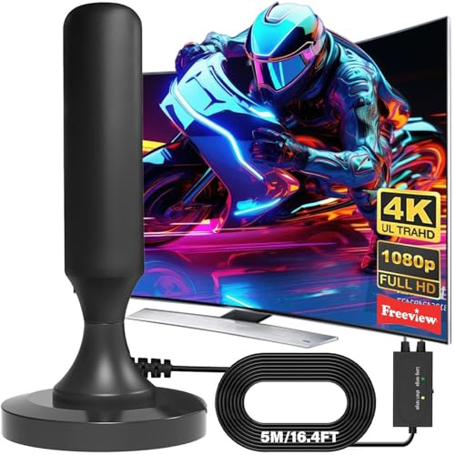 DVB-T2 Antenne mit Verstärker Innen & Außen–Leistungsstarke Zimmerantenne für Fernseher 4K HD Empfang–TV Antenne mit Magnetfuß & 5m Koaxialkabel–Kompatibel mit Allen DVB-T/DVB-T2 Receivern (Black)