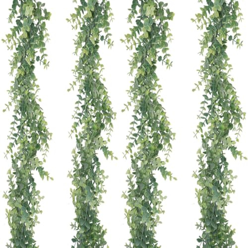 GraduationMall Artificial Plant Faux Eucalyptus Garland,4 Pack 12ft Foliage Fake Leaves,Leaf Stems Greenery Garland for Wedding Party Home Decor
