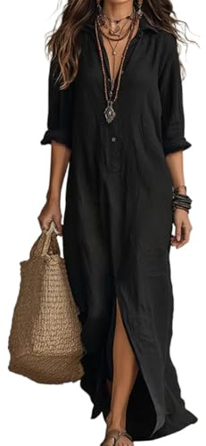 shownicer Robe Chemise Femme Chic Elegant Manches Longues Col V Robes avec Boutons