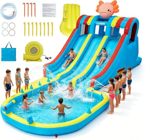 Castillo Hinchable Acuatico para Niños, Parque Acuatico Infantil, Piscina Infantil con Toboganes, Zona de Saltos y Rocódromo, 600*270*250 cm, Centro de Juegos Hinchable Agua para Fiesta de Cumpleaños