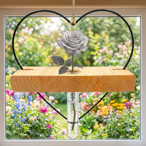 Türkranz als Herz Deko mit Reagenzglas Vase & Boho Fensterdeko hängend als Wandvase aus Holz | Skandinavische Deko | Schöne Maserung & Herzform | Naturbelassener Fensterschmuck hängend für innen |