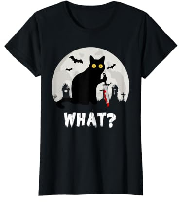 Cat What? Chat Noir d'halloween avec Couteau – Funny What Cat T-Shirt Graphique avec Valeur