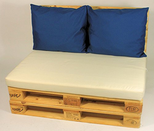 Polster für Europalette , Palettenpolster , Palettenkissen , Set Sitzkissen + 2 Rückenkissen , Fb. creme / blau