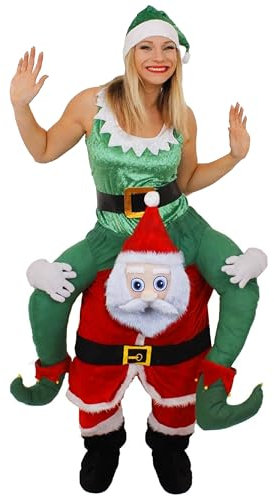 Santa Christmas Costume - Father Christmas Pick Me Up Costume With Plush Fake Legs + Green Velour Elf Dress + Green Velour Hat (Medium)