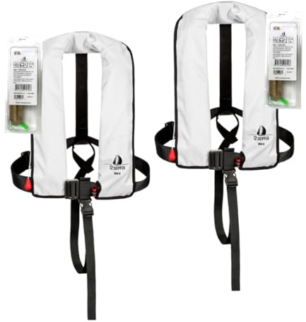 Set di 2 12skipper giubbotti di salvataggio automatici 165N ISO con imbragatura, bianco incl. 2 kit di manutenzione