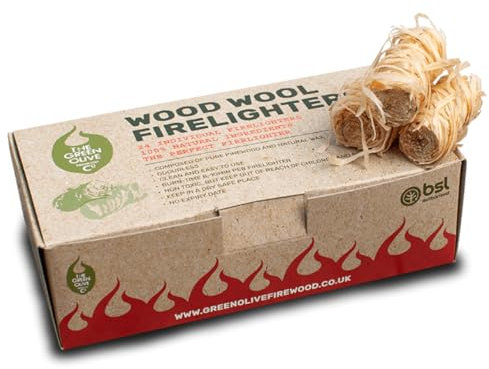 Green Olive Firewood - Wood Wool Firelighters - Pack of 24 Natural Firelighters for Wood Burners, Pizza Oven, Campfires Log Burners - BBQS Fireplace Stove Lighters