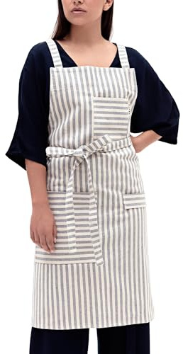 MEEMA Kochschürze für Damen und Herren | Gestreifte, umweltfreundliche recycelte Baumwolle und Denim Schürze | Extra Halt und Komfort überkreuzte Rückseite | Barista, Kochschürze, Servierschürzen