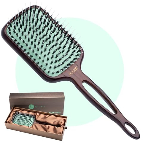 Eco-Friendly Boar Bristle Paddle Hair Brush for Women by MINT | Anti-Breakage Detangling Brush Great for Color-Treated Hair, Extensions and All Hair Types | Hand-Crafted Wooden Handle