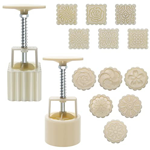 Luxiv Moon Cake Mould 75g, 12 PCS Pattern Hand-Pressure Mooncake Molds for Mid-Autumn DIY Pastry Tool 2 Set with 6pcs Round Flower Mooncake Mode and 6 Pcs Square Pattern Mooncake Mould (White, 75g)