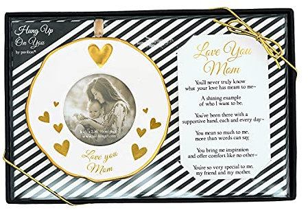 Pavilion - 4 Gold White Ornament Round 2.36 Photo Holder with Keepsake Card - Love You Mom - Gift Ready Packaged Set