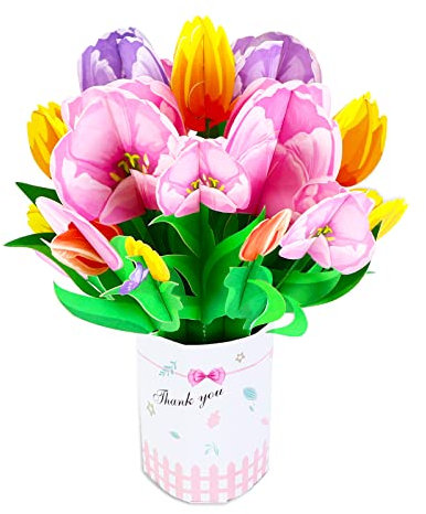3D Bunten Tulpen Blumenstrauß Karte – Karte für Mutter zum Muttertag überreichen, Pop-Up Blumenkarte, Muttertagsblumen Karte, Pop-Up-Karte zum Muttertag, mit Umschlag und Nachrichtenkarte