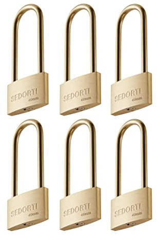 SEDORTI Wetterfestes Schloss, gleichschließend, massives Messing, Vorhängeschlösser mit langem Messingbügel, leicht, 3,8 cm breiter Körper, Marine-Vorhängeschloss, rostfreies Schloss, 6 Stück