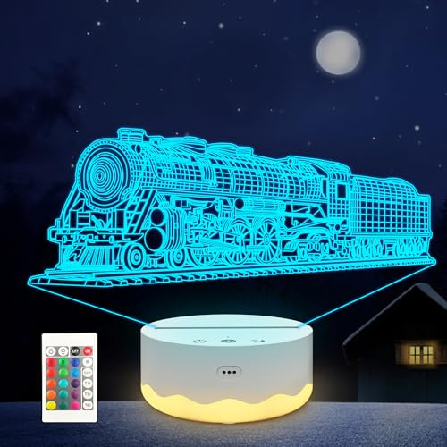 Anywin Luz nocturna de tren para niños, lámpara de noche de ilusión 3D con 16 colores cambiantes, control remoto y regulador de intensidad para decoración de habitación, regalos de cumpleaños y