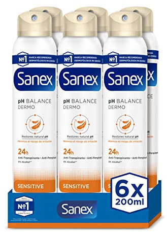 Sanex Dermo+Sensitive Antitranspirante Desodorante Spray 72 Horas Pack 6 x 200ml – Protección Eficaz contra el Sudor y Mal Olor – Dermatológicamente Testado – 0% Alcohol*– Suave con la Piel Sensible