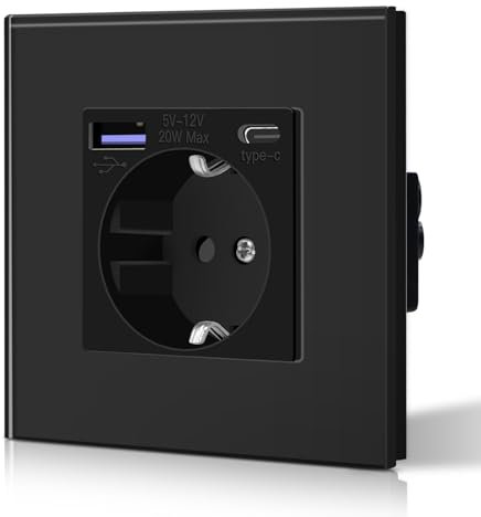 BSEED Steckdose aus Glas mit 20W USB C, Schnellladegerät Wandsteckdose, 3 in 1 Unterputz Steckdosen, Einfache Installation, 240V 16A, 86mm 1 Fach Schwarz